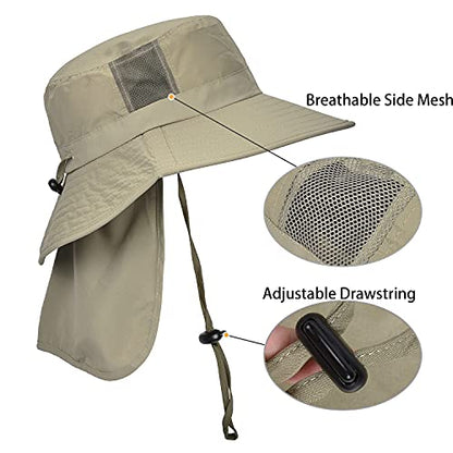 Catalonia Sun Hat for Men,Outdoor Wide Brim Hat with Neck Flap Cover for Fishing Hiking Safari Gardening - color: Olive / Side Mesh