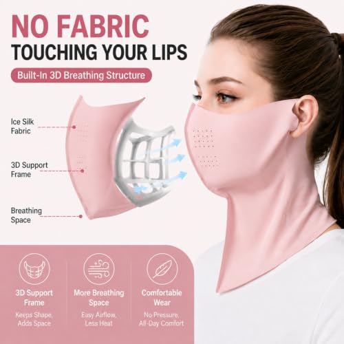 Ice Silk Sun Protection Face Mask for Women, Breathable Cooling Face Cover with Neck Coverage, Driving，Golf，Hiking - color: Black+pink