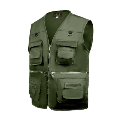 TOLOER Men's Summer Fishing Vest Multi Pockets Casual Vests Waterproof Quick Dry Outdoor Mountain Photography - color: Army Green, size: Medium