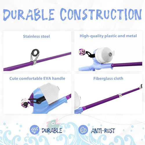 Kids Fishing Pole, Telescopic Fishing Rod, Toddler Collapsible Fishing Rod and Reel Combo with Tackle Box, Fishing Line, Bobber, and Soft Lures for Boy, Girl, Youth, Beginner, Over 4 Years Old - color: Misty Blue & Magic Purple