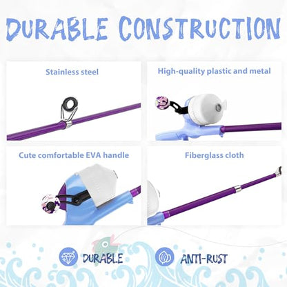 Kids Fishing Pole, Telescopic Fishing Rod, Toddler Collapsible Fishing Rod and Reel Combo with Tackle Box, Fishing Line, Bobber, and Soft Lures for Boy, Girl, Youth, Beginner, Over 4 Years Old - color: Misty Blue & Magic Purple