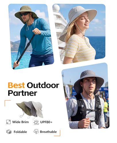 Home Prefer UPF 80+ Sun Hat for Men Women Wide Brim Sun Hat with Neck Flap Summer Beach UV Protection Gardening Fishing Hat - color: Light Grey