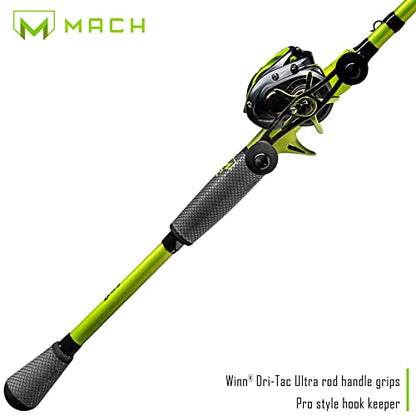 Lew's MACH 2 Baitcast Reel and Fishing Rod Combo, IM8 Graphite Blank Fishing Rod, Winn Dri-Tac Ultra Handle, Black/Green - size: 7'3"
