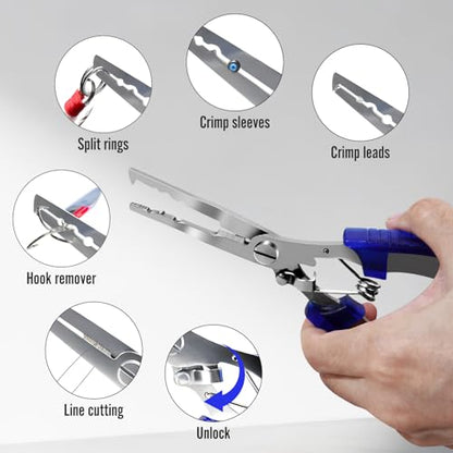 Fishing Pliers & Fish Hook Remover Tool Kit - 2 Stainless Steel Hook Removers with 1 Split Ring Pliers, Non-Slip Handle for Bass Trout Catfish, Saltwater Freshwater Family Fishing Gear