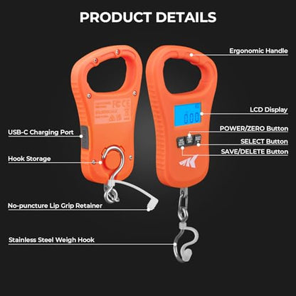 KastKing ToughTide Fishing Scale, USB Charging, 65lb Capacity, Ultra-Thin Digital Fish Scale, LCD Display, Ergonomic Handle, Fish Scales Digital Weight, Fishing Accessories for Men - color: B: Orange