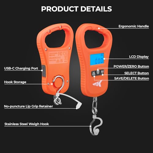 KastKing ToughTide Fishing Scale, USB Charging, 65lb Capacity, Ultra-Thin Digital Fish Scale, LCD Display, Ergonomic Handle, Fish Scales Digital Weight, Fishing Accessories for Men - color: B: Orange
