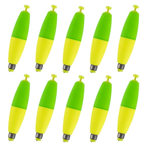 Alwonder 10-Pack Fishing Bobbers Floats, Weighted Bobbers for Fishing Cigar EVA Foam Snap-on Floats Corks Floaters Buoys for Crappie Bass Panfish Bluegills Trout - color: Yellow&Green, size: 2.8IN - 5/16OZ