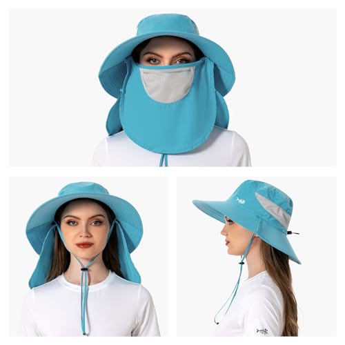 BASSDASH UPF 50+ Breathable Sun Hat with Removable Face Cover and Neck Flap Wide Brim Bucket Hat for Fishing Hiking Men Women - color: Light Blue