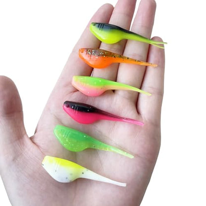 Split-Tail Crappie Lures - 24pcs Soft Plastic Lures for Bluegill, Panfish, Trout, Bass - color: Yellow-white