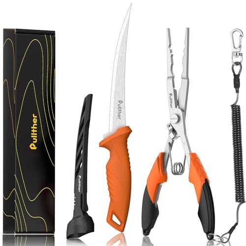 2PC Fishing Tool Kit - 7" Fillet Knife,Fishing Pliers,Multitool Hook Remover Fishing Pliers,Fishing Gear for Saltwater - color: 8.4"Fishing Pliers Orange