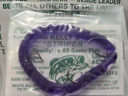 Kelly's Striper 12 Pack Anise Scented 3 Hook Pre-Rigged Worms, Plastic, 5.5 Inches, 8 Colors, Made in USA - color: Purple/White