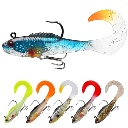 TRUSCEND Shadtale Easy Catch Soft Fishing Lures with BKK Hooks - Trembly Sinking and Vibrating Swim for More Bites, Pre-Rigged Swimbaits for Bass, Trout, Crappie, Walleye, Freshwater Saltwater Fishing - color: B-2.5",0.18oz