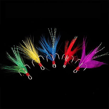 20Pcs Treble Fishing Hooks with Feather Size Stainless Steel Barbed Sharp Triple Fishhook with Box for Saltwater Freshwater - color: 20pcs-Green Feather, size: 6#