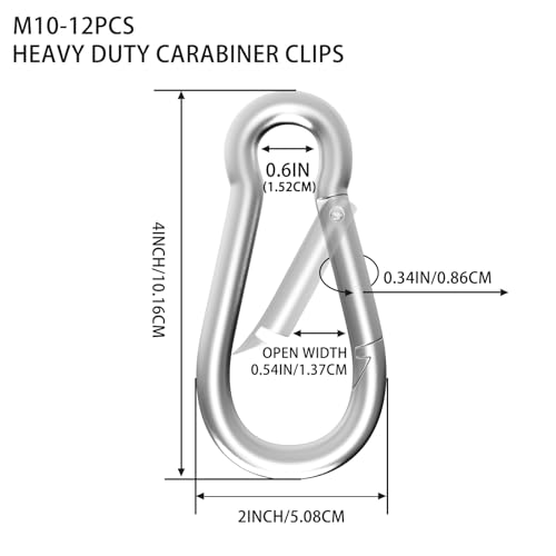 Carabiner, Heavy Duty Galvanized Steel Spring Snap Hook Carabiner Clips with 770LBS Holding Capacity, Ideal for Outdoor, Hammock, Swing and Travel (M10 4Inch, 12PCS) - size: 12PCS-M10, style: Silver