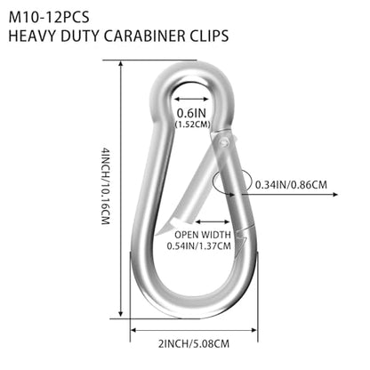 Carabiner, Heavy Duty Galvanized Steel Spring Snap Hook Carabiner Clips with 770LBS Holding Capacity, Ideal for Outdoor, Hammock, Swing and Travel (M10 4Inch, 12PCS) - size: 12PCS-M10, style: Silver