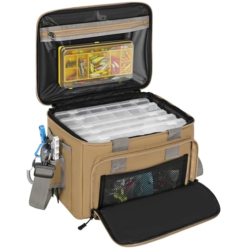 20L Fishing Tackle Bag Empty, Fits 3400-3600 & 4007 Lure Boxes, Water Resistant Fishing Gear Storage Bag, Portable Padded Shoulder Strap Bag for Saltwater Freshwater, Khaki - color: Khaki, style: Bag Only