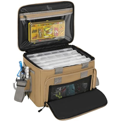 20L Fishing Tackle Bag Empty, Fits 3400-3600 & 4007 Lure Boxes, Water Resistant Fishing Gear Storage Bag, Portable Padded Shoulder Strap Bag for Saltwater Freshwater, Khaki - color: Khaki, style: Bag Only