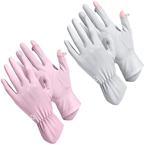 Loopeer 2 Packs Women Sun Protection Driving UV Gloves Full Finger Touchscreen Non Slip Breathable Summer Outdoor Gloves - color: Classic Grey, Classic Purple, size: Roundel