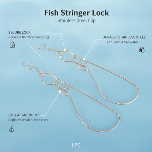 Quick-Clip Fish Stringer Lock, Easy-Use Stainless Steel Retainer for Standard Fishing Stringers, Freshwater & Saltwater (1 Pack)