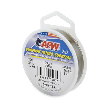 American Fishing Wire Surflon Micro Supreme Nylon Coated 7x7 Stainless Steel Leader Wire - Knottable Wire Leaders for Fishing Saltwater, Fly Fishing, 13lb Test - 90lb Test, Bright, Black & Camo Colors - color: Camo, style: 5 Meter, 26 Pound Test