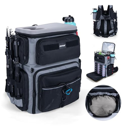 Goture Fishing Backpack with Cooler, 66L 600D Tackle Backpack with 3 Rod Holders, EVA Cover, Helmet Holder, Rain Cover, Saltwater Large Fishing Bag for Camping Hiking, Gear Storage Bag, Gifts for Men - color: A1:gray(without Tackle Box)