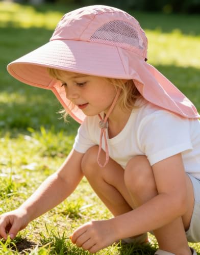 Outdoor Kids Sun Hat for Boys Girls UPF 50+ Breathable Summer Mesh Fishing Hat with Wide Brim Neck Flap Bucket Hat