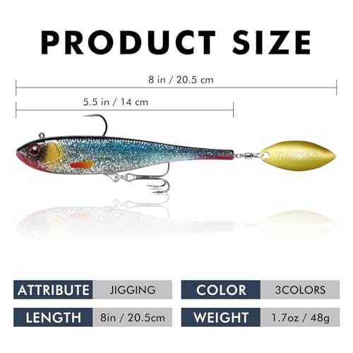 TRUSCEND Shadtale Easy Catch Soft Fishing Lures with BKK Hooks - Trembly Sinking and Vibrating Swim for More Bites, Pre-Rigged Swimbaits for Bass, Trout, Crappie, Walleye, Freshwater Saltwater Fishing - color: E1-8"-1.7oz