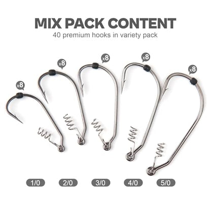 Weedless Swimbait Hooks with Screw Lock & Bait Stopper- 1/0 2/0 3/0 4/0 5/0 6/0 7/0 Sizes Worms Hooks for Bass Fishing - size: Mix - 40Pack