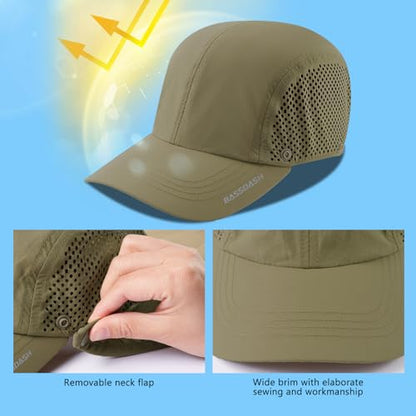 BASSDASH UPF 50+ Foldable Fishing Hat Baseball Cap with Removable Neck Flap Portable for Men Women Golf Hiking - color: Khaki With Unfoldable Brim