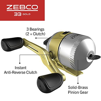 Zebco 33 Gold Spincast Fishing Reel, Changeable Right or Left-Hand Retrieve, All-Metal Gears, Pre-Spooled with Zebco Cajun Fishing Line - size: 10 (Clam Packaging), style: 33 Gold Micro (Clam Pack)