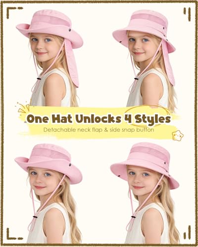 Century Star Kids Sun Hat with Detachable Neck Flap,UPF 50+ Windproof Waterproof Beach Bucket Hat Outdoor Fishing Safari - color: Light Pink