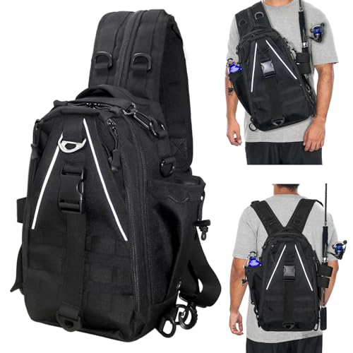 Fishing Tackle Bag Sling Shoulder Backpack with Rod & Gear Holder, Water Resistant & Weatherproof, Large Storage
