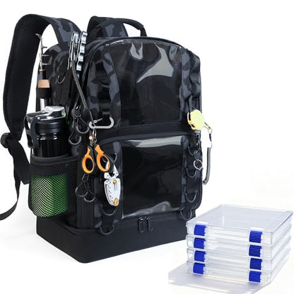 Fishing Tackle Backpack with 4 Tackle Boxes,45L Large Tackle Bag with 2 Rod Holders & Clear Window,Outdoor Fishing Backpack for Fishing,Camping,Hiking,Camouflage - color: Camouflage Black(with 4 Tackle Boxes)