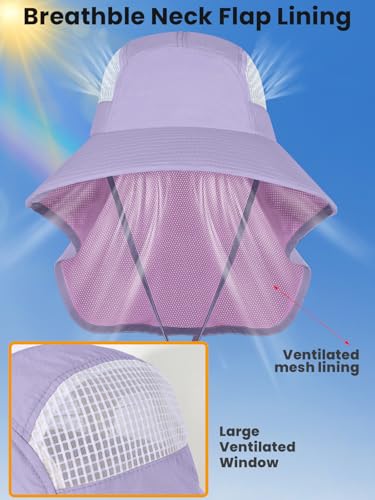 Sun Hats for Women UV Protection with Neck Flap Wide Brim Beach Hats with Ponytail Hole for Hiking Fishing Gardening Travel - color: Light Purple