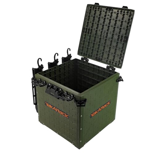 YakAttack BlackPak Pro Kayak Fishing Crate - Ranger Green | 13" x 13" Riggable Kayak Gear Storage System with Hinged Lid, GridLoc Mount Panels & 3 TetherTube Rod Holders | Lightweight Tankwell Crate - color: Ranger Green, size: 13"x13"x13"
