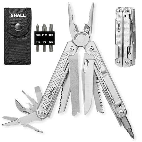 SHALL Multi Tool, 18-in-1 Multitool Pliers, Stainless Steel Multi-tool Pocket Knife w/Screwdriver Bit, Self-locking Multipurpose Tool w/Sheath for Camping Fishing Survival Hunting - size: 18-IN-1 Multitool