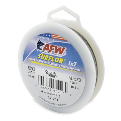 American Fishing Wire Surflon Nylon Coated 1x7 Stainless Steel Wire Leader - Wire Fishing Leader Line for Saltwater 10lb Up To 250lb Test in Bright, Black, Camo in 30ft, 100ft, 300ft, & 1000ft Lengths - color: Bright, style: 100 Feet, 210 Pound Test