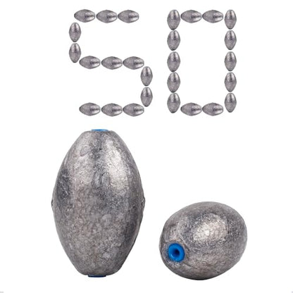 Egg Sinkers Lead Fishing Weights FS/QZ-07 | with Plastic Core,Oval Fishing Sinkers & Weights,for Texas Rig,Carolina Rig,Catfish Casting,Saltwater Freshwater - size: 0.14oz,50pcs