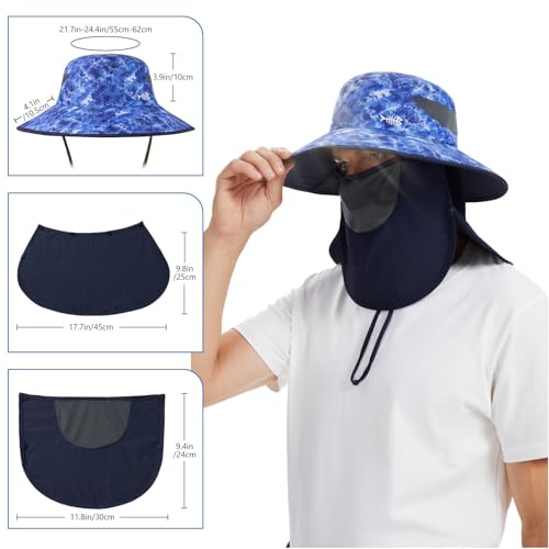 BASSDASH UPF 50+ Breathable Sun Hat with Removable Face Cover and Neck Flap Wide Brim Bucket Hat for Fishing Hiking Men Women - color: Blue Camo/Navy Blue