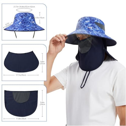 BASSDASH UPF 50+ Breathable Sun Hat with Removable Face Cover and Neck Flap Wide Brim Bucket Hat for Fishing Hiking Men Women - color: Blue Camo/Navy Blue