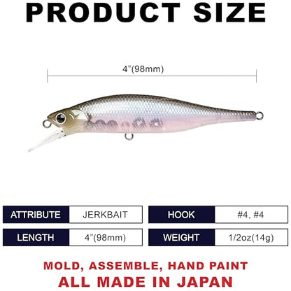 LUCKY CRAFT Lightning Pointer 98XR, Freshwater Bass Fishing Lures and Walleye Fishing Lures, 4" Slow Sinking Jerkbait, 6-7ft Depth, Largemouth Smallmouth, Tournament Fishing Gear - color: 238 Ghost Minnow