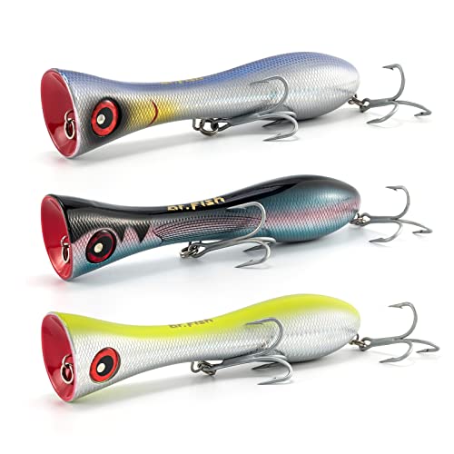 Dr.Fish Popper Saltwater Fishing Lures, 8 Inches GT Popper VMC Treble Hooks Surf Fishing Lures for Striper Tuna Barracuda Mackerel Snapper Bluefish Pencil Plugs Offshore - color: Blue Amberjack, Chartreuse, Chrome Blue-3 Pack