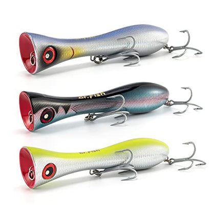 Dr.Fish Popper Saltwater Fishing Lures, 8 Inches GT Popper VMC Treble Hooks Surf Fishing Lures for Striper Tuna Barracuda Mackerel Snapper Bluefish Pencil Plugs Offshore - color: Blue Amberjack, Chartreuse, Chrome Blue-3 Pack