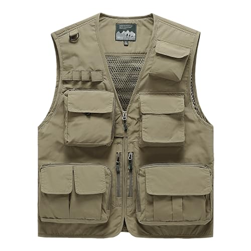 Saukiee Mens Vest Lightweight Vest Men Fishing Travel Work Pesca Safari Combat Hunting Cargo Vest Jacket with Pockets M - color: Khaki, size: XX-Large