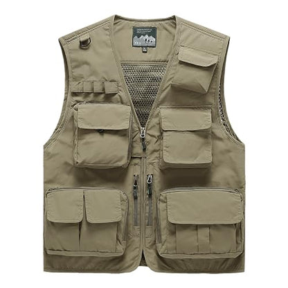 Saukiee Mens Vest Lightweight Vest Men Fishing Travel Work Pesca Safari Combat Hunting Cargo Vest Jacket with Pockets M - color: Khaki, size: Medium
