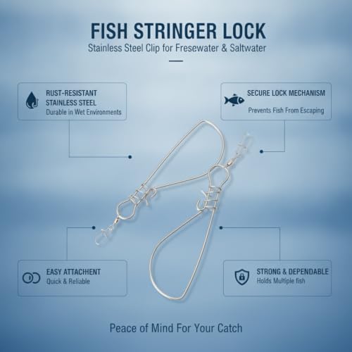 Quick-Clip Fish Stringer Lock, Easy-Use Stainless Steel Retainer for Standard Fishing Stringers, Freshwater & Saltwater (1 Pack)
