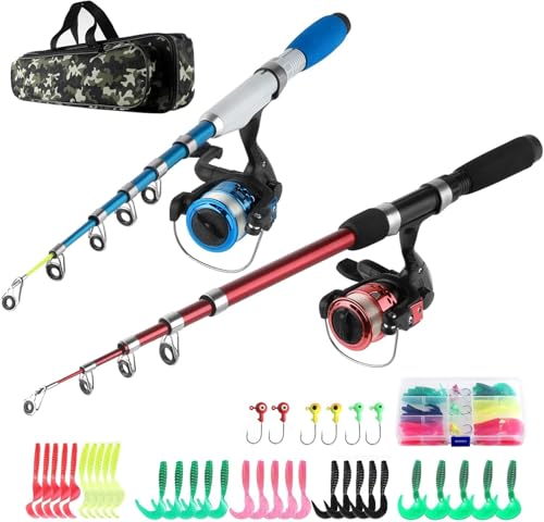 Fishing Rod Reel Combos Collapsible Fishing Rod Kit, 2PCS Telescopic Fishing Pole+2PCS Spinning Reels+Lures Hooks+Tackle Bag+Fishing Accessories Full Combo for Kids Youth - color: Red and Blue 1.3M&1.6M