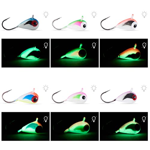 BASSDASH Tungsten Ice Fishing Jigs with Glowing Paint Fishing Lures for Winter Ice Jigging Crappie Bluegill, 6-Pack - color: BI10 - A, size: 3.2mm - 1/58 oz. - #16 Hook