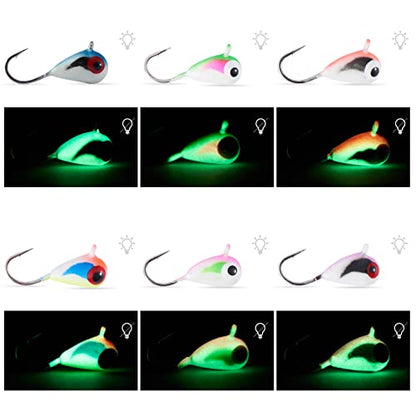 BASSDASH Tungsten Ice Fishing Jigs with Glowing Paint Fishing Lures for Winter Ice Jigging Crappie Bluegill, 6-Pack - color: BI10 - A, size: 3.2mm - 1/58 oz. - #16 Hook