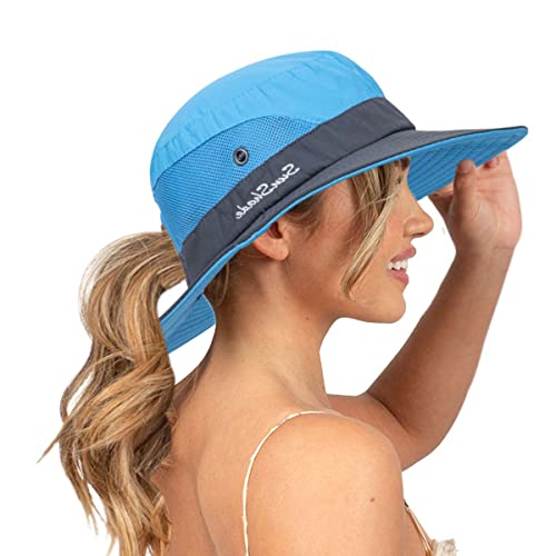Sun Hat for Women Summer UV Protection Beach Hat Wide Brim Mesh Bucket Fishing Hat with Ponytail Hole Foldable Packable Hat - color: Blue+pink(with Ponytail Hole)